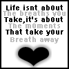Static black-and-white pixel art icon featuring a quote about life and breath with a heart symbol at the bottom.