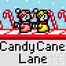 Pixel art animation featuring two cartoon characters on a candy cane-themed background with repeating text and snow effects.