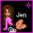 Pixel art buddy icon featuring a cartoon girl with long brown hair in pink pajamas standing next to an orange cat, with the name "Jen" and a pink star symbol on a black background bordered by bright pink.
