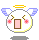 Pixelated angel icon with white round head, blue wings, yellow halo, pink cheeks, and brown mouth; two expressions alternate between open mouth and closed mouth.