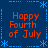Blue background with light blue dashed lines and star shapes forming a border, four identical orange text blocks reading "Happy Fourth of July" arranged in a
