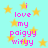 A static image with a light blue background filled with yellow stars and pink text reading "i love my paigyy wifyy" repeated twice.