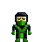 Pixelated character with green and black attire, yellow face mask covering eyes, dark hair, standing against gray background.