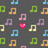 Pixelated icon with dark gray background featuring colorful musical notes and a red heart, split into four quadrants with pink and gray sections containing green text.