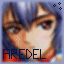 Pixelated anime-style face with blue hair and red eyes, featuring two versions of the name 'AREDEL' in different colors below.