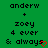 Green background with black pixelated text reading 'anderw + zoey 4 ever & always' and a red heart symbol at the bottom right.