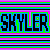 Pixelated 'SKYLER' text in two color schemes with striped backgrounds, one blue-green and the other pink-yellow.