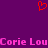 Red pixelated heart symbol above pink text reading 'Corie Lou' on solid purple background.
