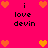 Pixelated icon with bright pink background, orange and yellow hearts, and black text reading "i love devin" in four quadrants.