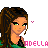 Pixelated character with long brown hair, green eyes, and a black top; pink text 'ADELLA' below, small pink hearts floating near the head.