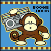 Brown monkey with yellow outline holds gray boombox; blue background with brown-yellow border; "BOOGIE DOWN" text above.