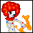 Pixelated clown figure with red afro, white face, and multicolored dots on gray body holding orange bone-like prop.