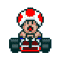 Pixel art character with red-and-white mushroom cap driving a go-kart, shown in multiple poses and angles on gray background.