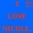 Blue background with red pixelated text and a heart symbol arranged in three lines, showing slight visual differences between two side-by-side versions.