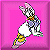 Pixelated cartoon rabbit with white body and multicolored checkered pattern on head and limbs, set against solid pink background.