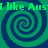 Green and blue spiral patterns with repeated text "I like Aust like Aust" in green pixelated font across the image.