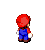 Pixelated Mario character in red cap, blue overalls, white gloves, brown shoes; six distinct poses on gray background showing varied angles and gestures.