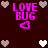 Pixelated 'LOVE BUG' text in bright pink with a pink heart below, surrounded by gray and white hearts on a dark red background.