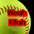 A yellow softball with red stitching appears in four , each displaying different text overlays and a heart symbol