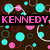 Brown background with cyan, pink, and gray circular patterns; bold pink text "KENNEDY" on black bar at top left.