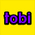 Four colored quadrants display purple text reading 'tobi is a good boy' with black outlines on yellow, pink, green, and blue backgrounds.