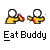 Two pixelated yellow figures with white circular heads and black outlines stand side-by-side against a gray background, one holding a red object while the other extends its arms.