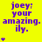 Yellow background with purple text reading "joey: your amazing. ily." and small purple asterisks in a pattern