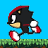 Pixelated character with black body, red head stripe, white gloves and shoes, yellow muzzle, brown eyes running on green grass against blue sky.