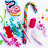 Pixelated candy-themed animation with colorful sweets and a pink 'yummy!' text banner on white background.