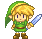 Pixel art character with green tunic, brown boots, and pointed ears holding a blue sword in two poses against gray background.