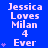 Blue background with repeated white text "Jessica Loves Milan 4 Ever" and purple star symbols arranged in vertical