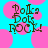 Pixelated text 'Polka Dots ROCK!' in brown on cyan background with pink circles, two identical frames side-by-side.