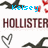 Pixelated icon with blue text 'Kelsey C's', red hearts, and dark bird silhouettes above large brown 'HOLLISTER' text on white background.