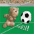 Static pixelated icon showing a brown teddy bear kicking a soccer ball on green field background with partial text below.