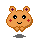 Pixel art character with orange body, brown outline, and red cheeks in three poses: smiling with open eyes, smiling with closed eyes, and blushing with crossed arms.