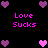 Pixel art contact sheet of four animated frames showing pink and purple heart icons with "Love Sucks" text on black background.