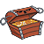 Two identical pixelated open treasure chests with golden contents, metallic hinges and locks on a gray background.