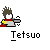 Animated contact sheet of a pixel art character named Tetsuo performing sequential actions with a red and yellow weapon against gray smoke effects on a transparent background.