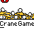 Animated pixel art contact sheet showing multiple frames of a crane game icon with yellow stick figures, white balls, and red crane arms on gray background.