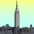 Pixelated cityscape featuring a tall central skyscraper with a spire against a gradient sky transitioning from yellow to light blue.
