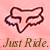 Pixelated pink background with a stylized fox head outline in dark brown and green, below which is the text 'Just Ride.'