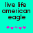 Pixelated text 'live life american eagle' on cyan background with pink and purple asterisks below, two variations of star arrangement visible.