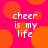 A static image with a bright pink background featuring large orange circles and white text reading "cheer is my life" in four identical sections.