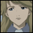 Pixelated anime-style portrait of a person with light brown hair and blue eyes, wearing a blue jacket over a light shirt, next to stylized text on a black background.