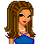 Pixel art of a female character in blue top and white shorts with long brown hair, accompanied by text fragments.