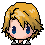 Pixel art character with blonde hair and blue eyes in three expressions: open-eyed, squinted, and closed-eye states.