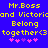 Blue background with yellow pixelated text reading "Mr.Boss and Victoriaand Victoria Belong together<3" and pink/purple heart symbols.
