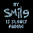 Six identical display a pixelated text animation on black background with 'MY SMIL9 IS SLOWLY FADING' in light blue, each showing progressive fading of the word 'SMIL9'