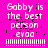A bright pink background displays repeated text 'Gabby is the best person evaa' with pixelated artifacts and horizontal line patterns below the text.