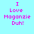 Four variations of a pixelated text-based icon showing "I Love Maganzie Duh!" with different yellow highlight placements on light blue background.